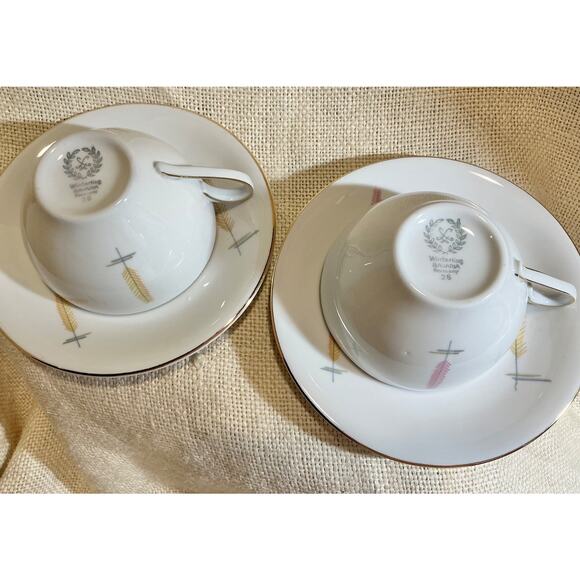 2 WINTERLING Bavaria MCM mid century modern pastel WHEAT feather cups & saucers - Picture 4 of 9